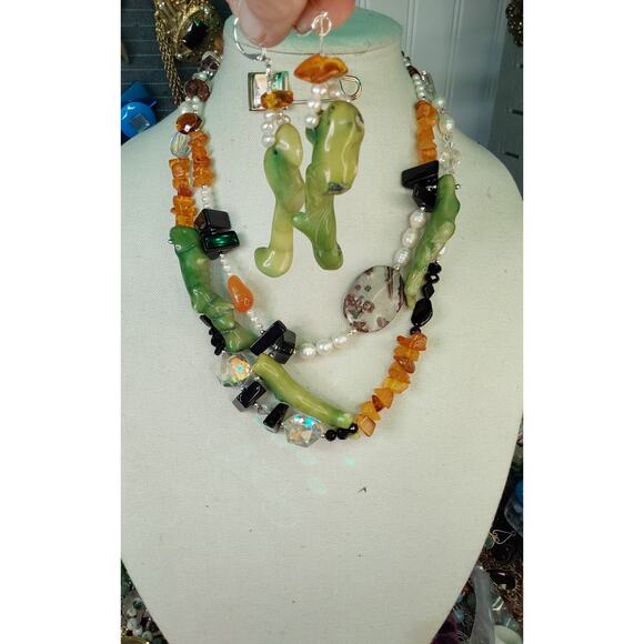 artisan necklace With Green Coral, Citrine, Abmer And Crystal - Picture 2 of 3